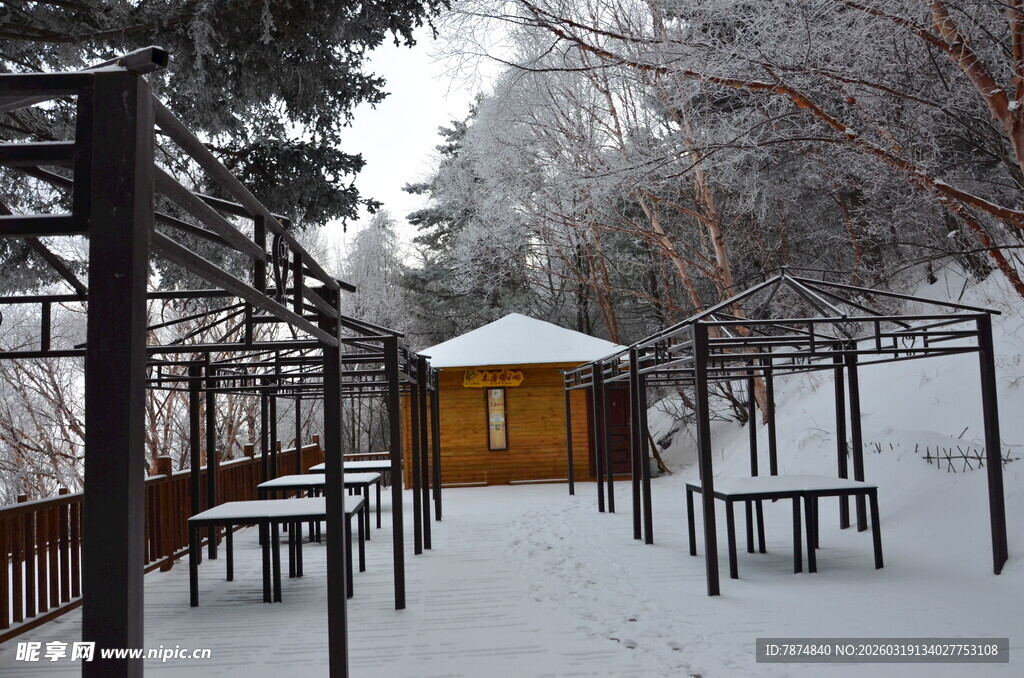 雪覆林间小屋与休闲设施