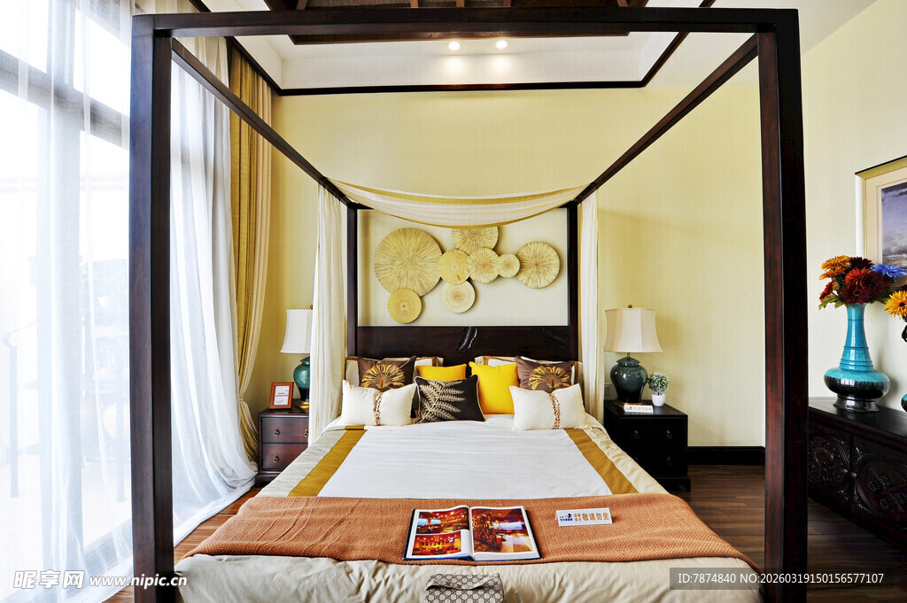 中式典雅四柱床卧室场景