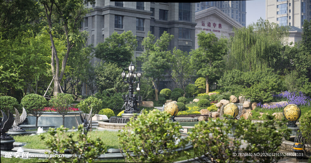 城市中的绿意盎然花园景观