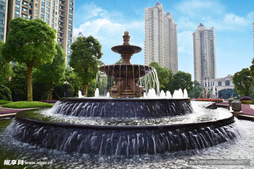 城市公园中的精美喷泉景观