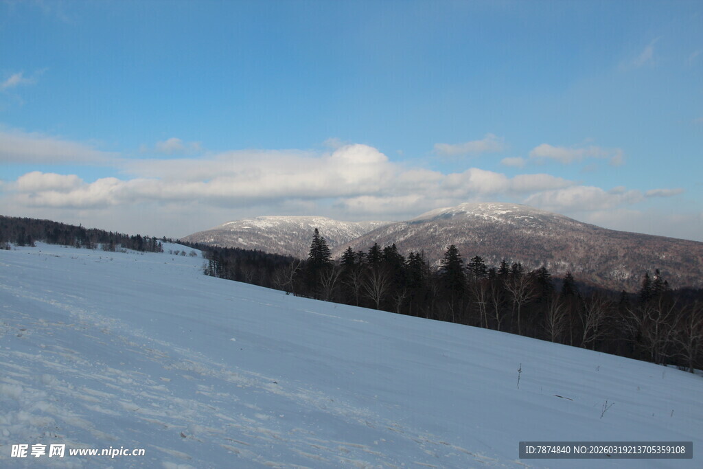 冬日雪坡与远处山林美景