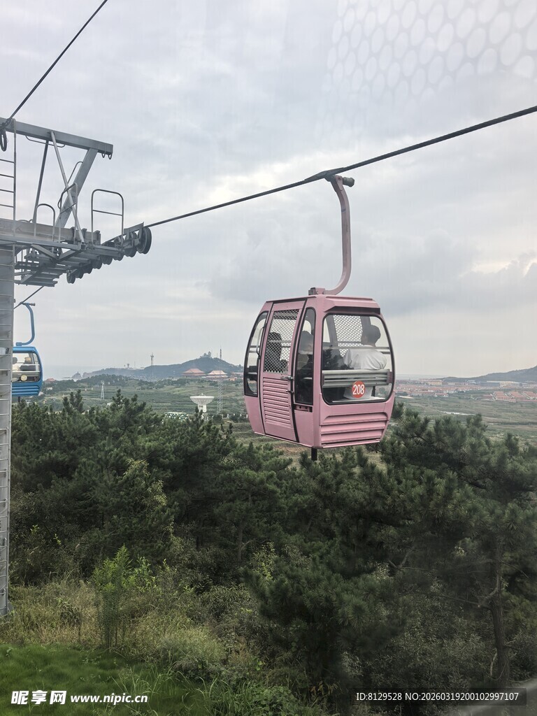 粉色缆车穿梭于绿意之间
