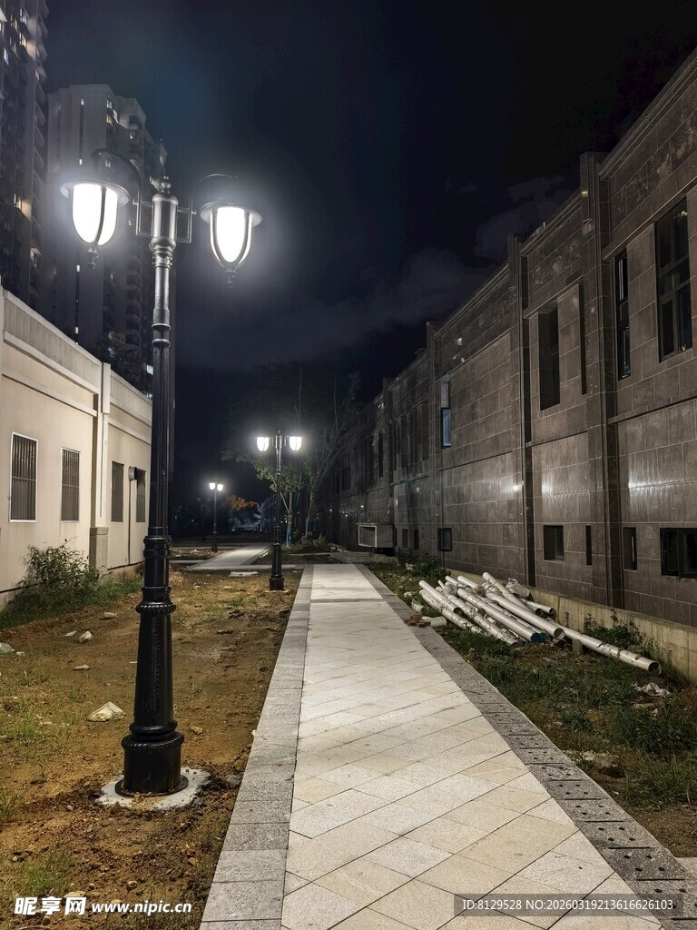 夜晚街道旁的建筑与路灯