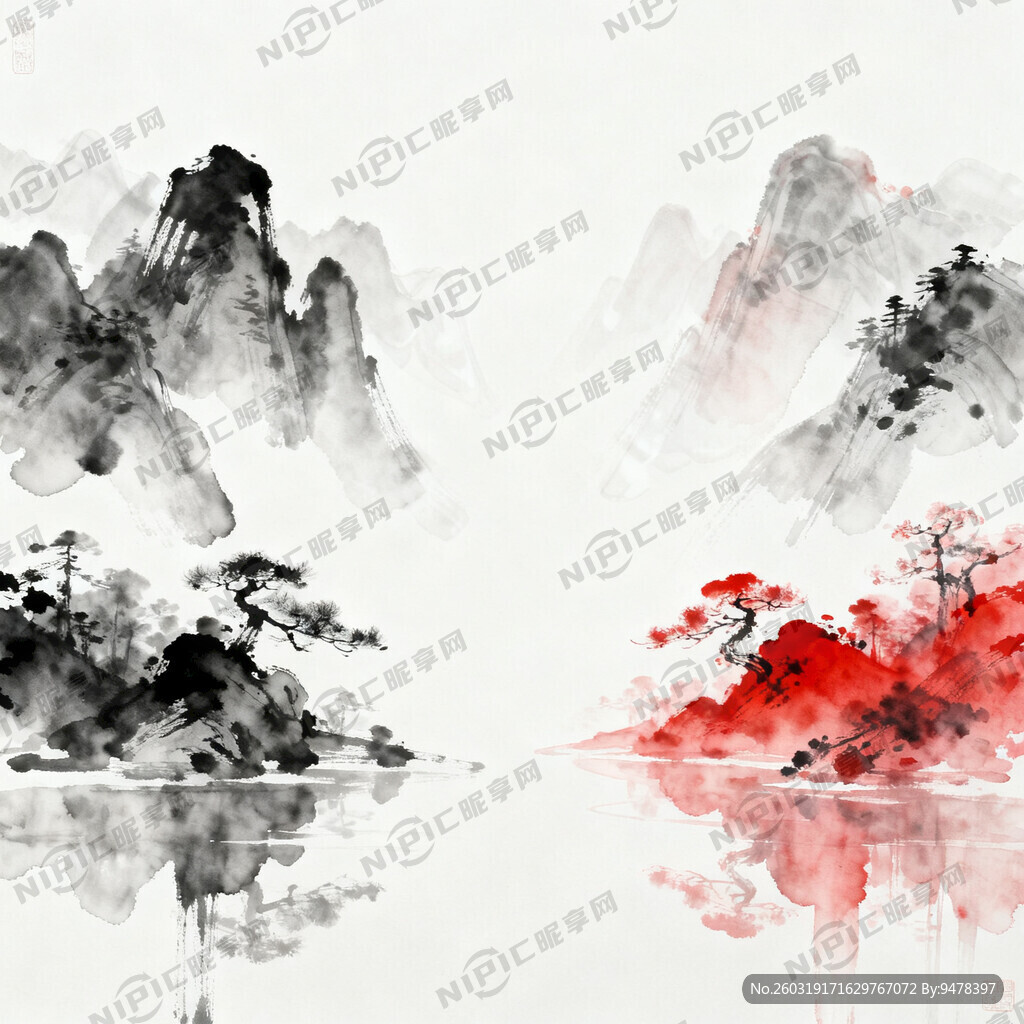 新中式风格  黑色 红色 白底