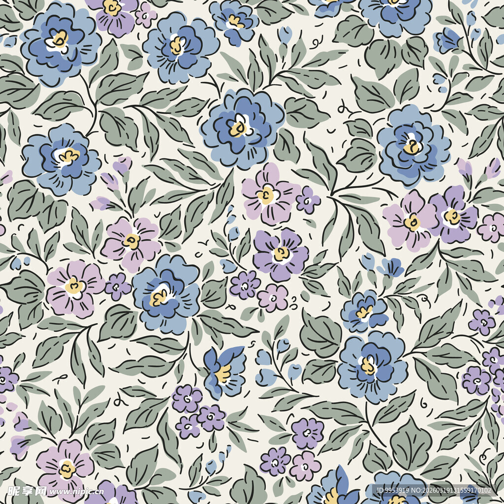 蓝紫花卉图案布料纹理