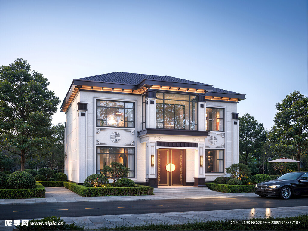 中式二层风格精致独栋别墅效果图