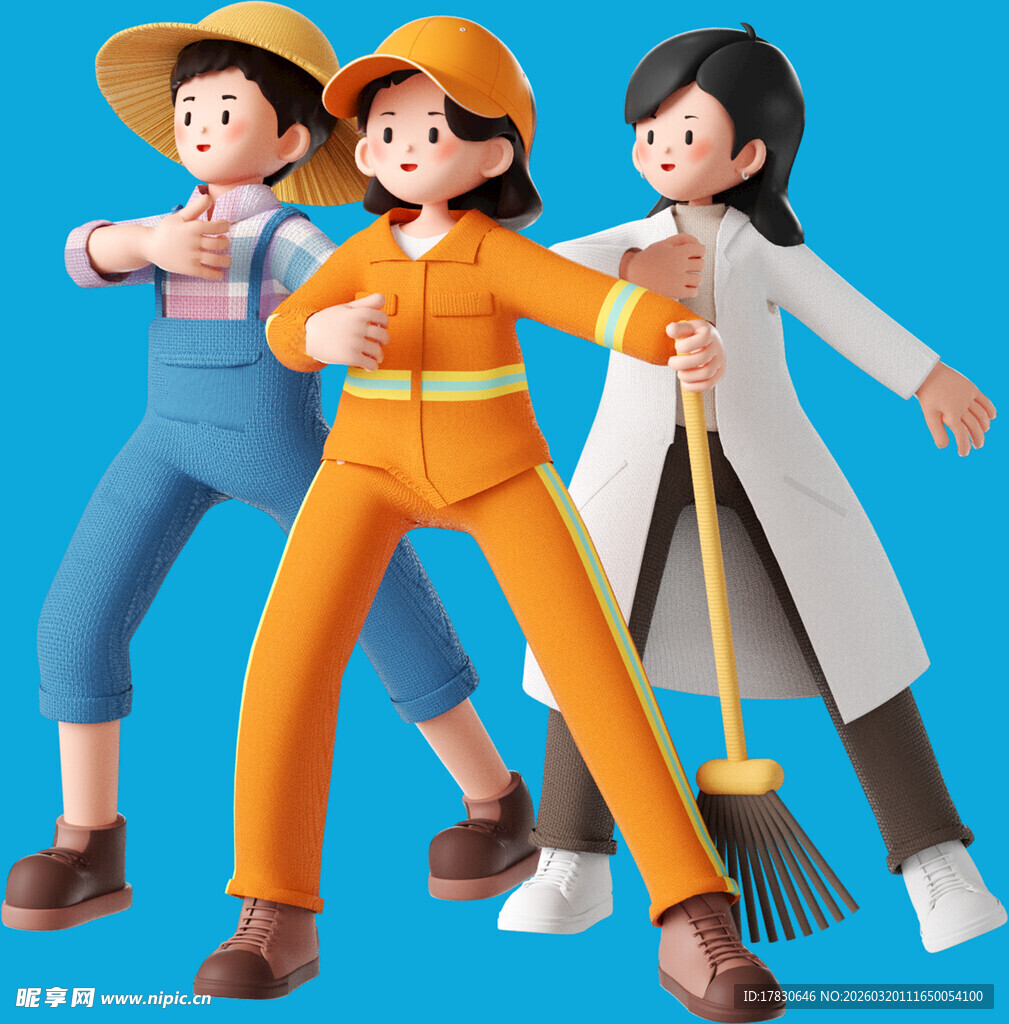 多样职业装扮的卡通人物