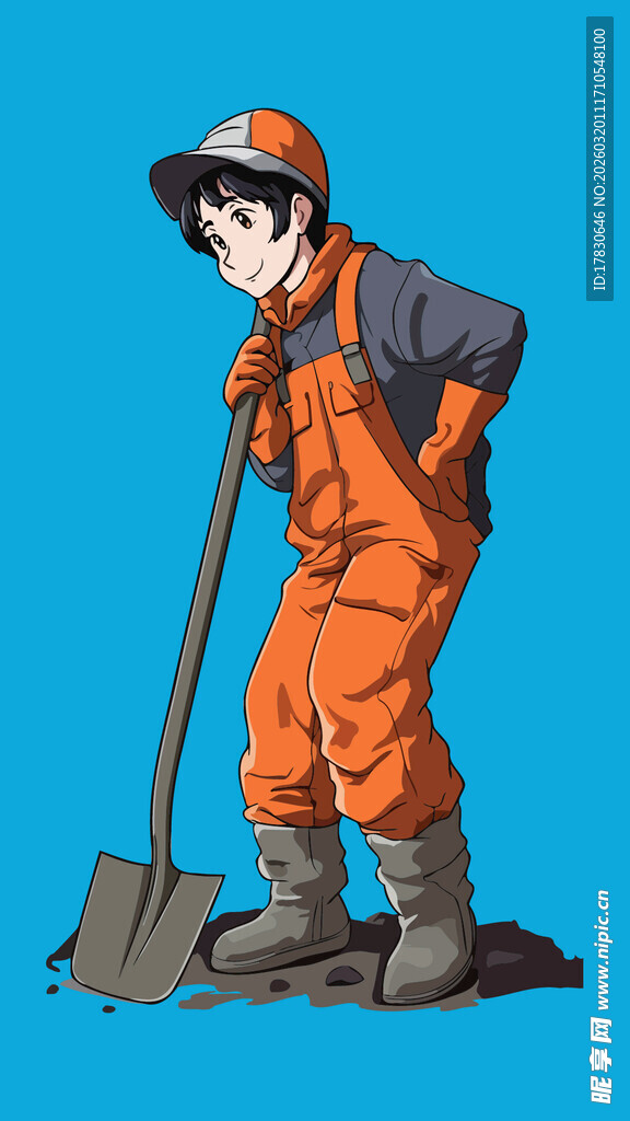 橙色工装工人持铲形象