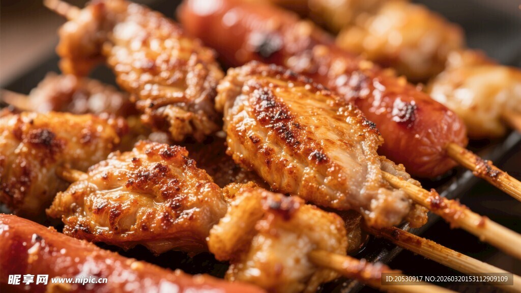 烧烤肉串烤肠鸡翅炭火烤制美食