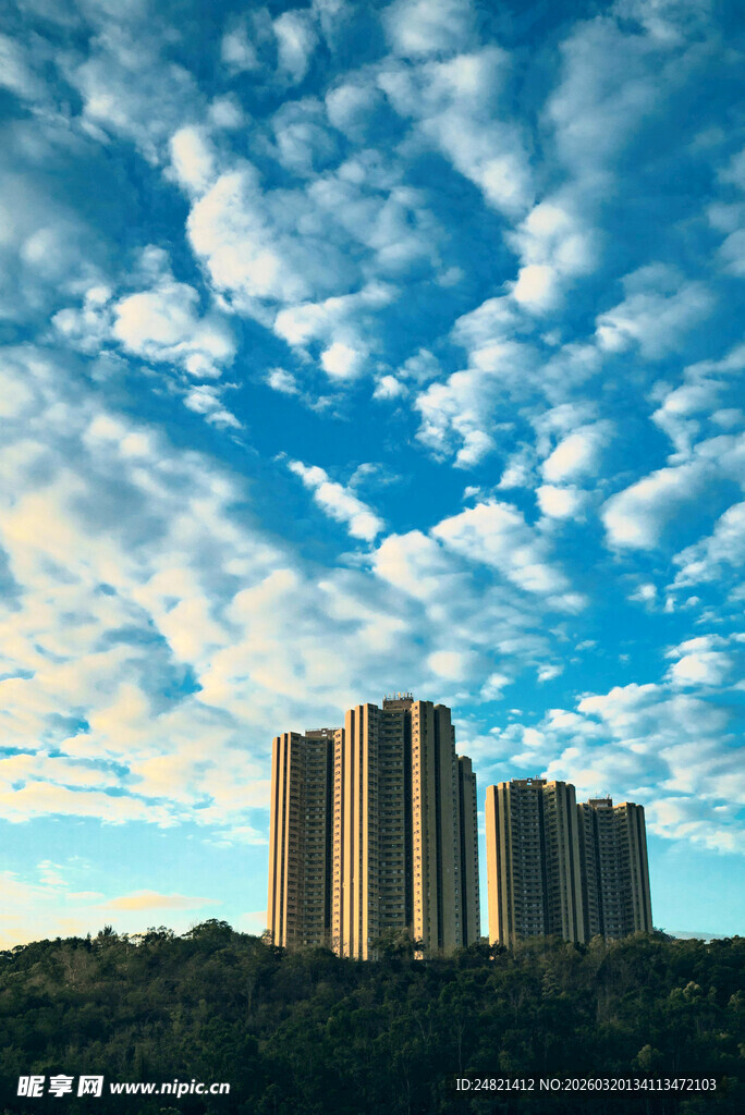 蓝天白云下的城市高楼