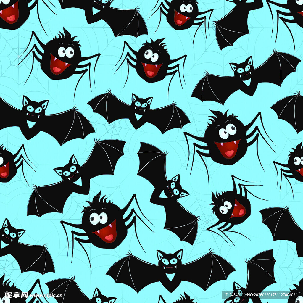 蓝底蝙蝠蜘蛛无缝图案