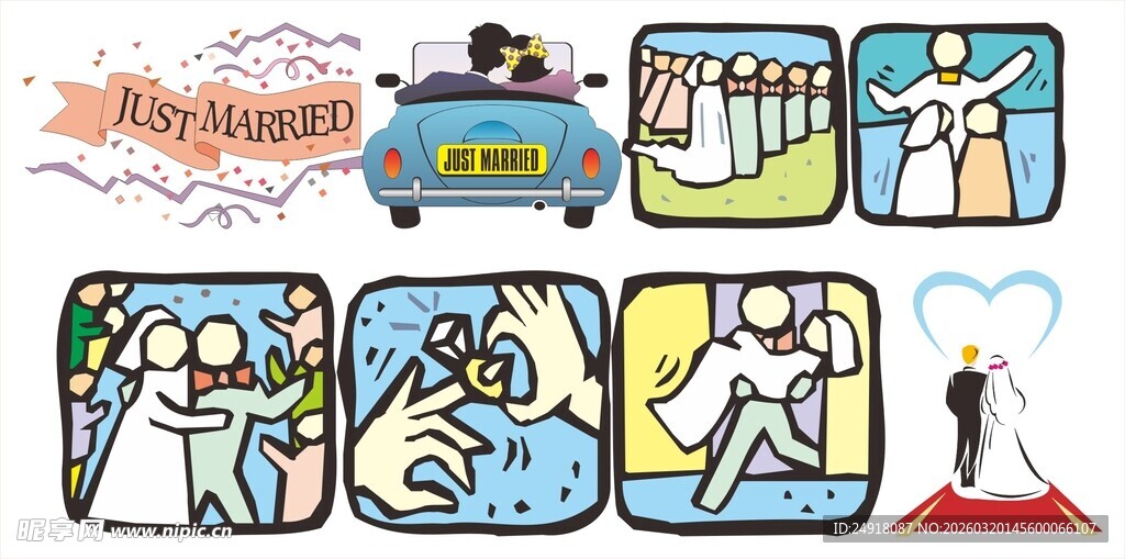 婚庆卡通风格手势及场景插画