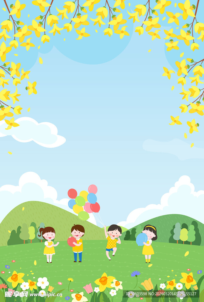 儿童在春日草地快乐玩耍