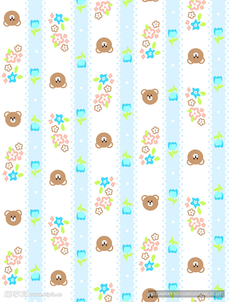 小熊花卉条纹图案背景
