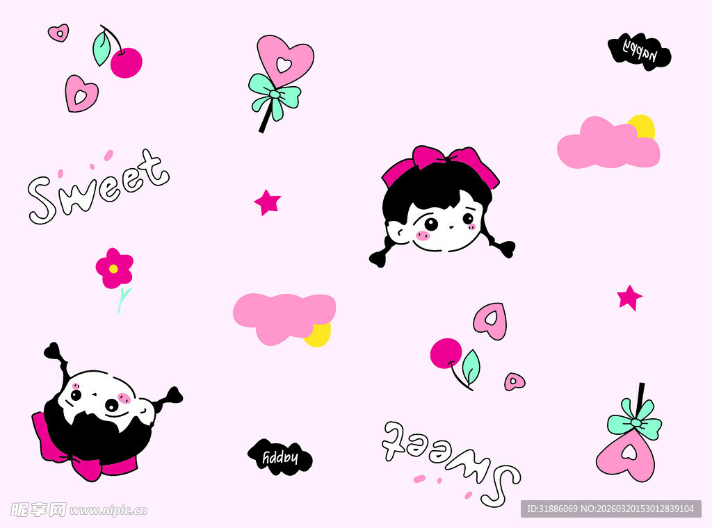 可爱卡通女孩与爱心图案