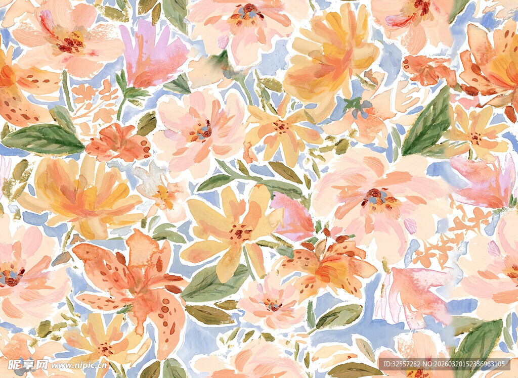 水彩乱花数码印花