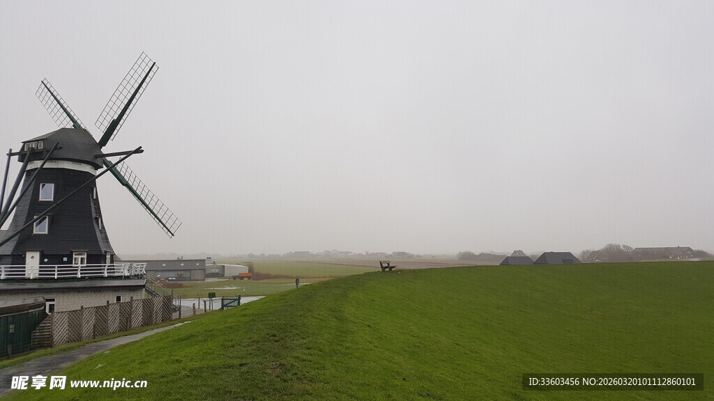 荷兰风车旁的绿色田野