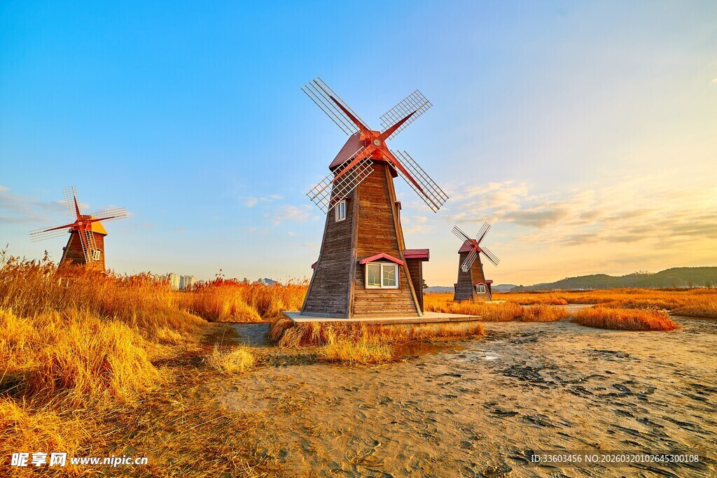 夕阳下的风车田园美景