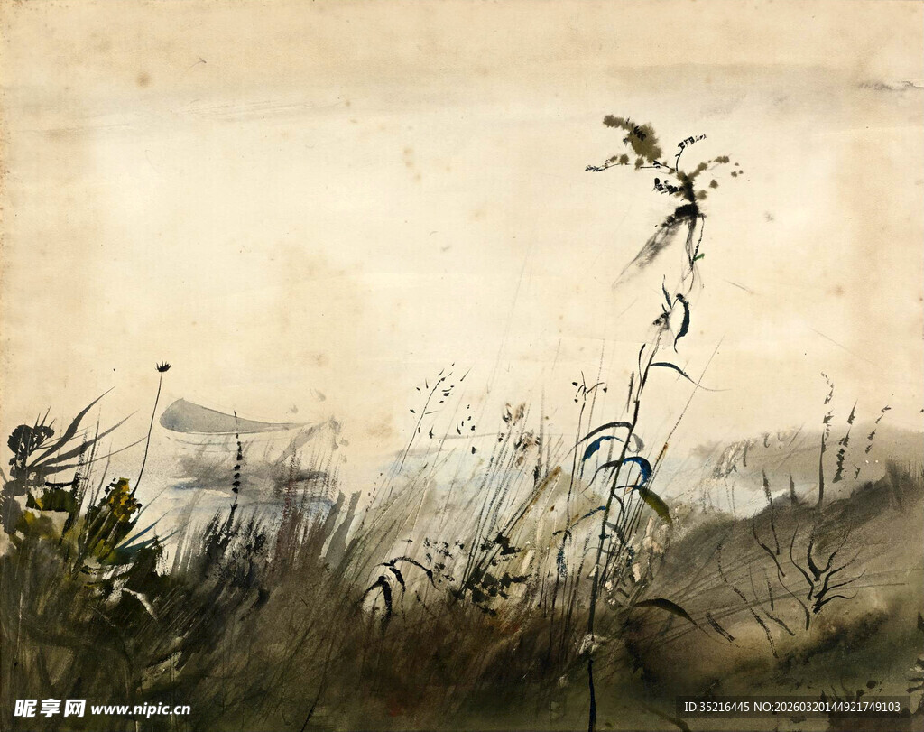 水墨风植物与飞鸟图景