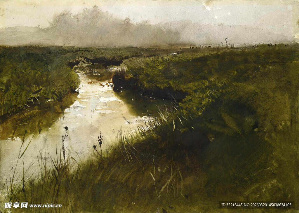 乡村河畔风景油画