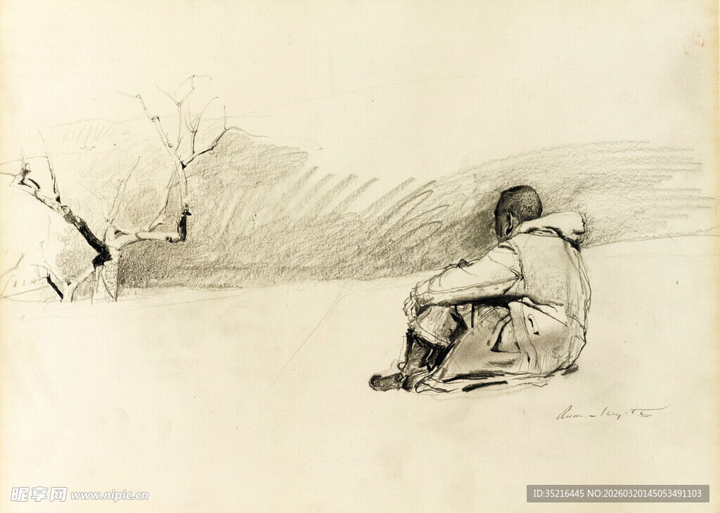 孤独人物与卧躺动物场景