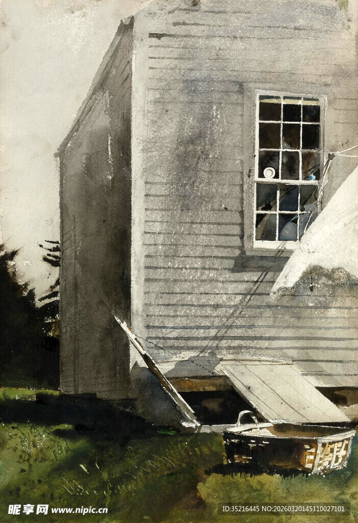 倾斜小屋旁的破损遮阳篷