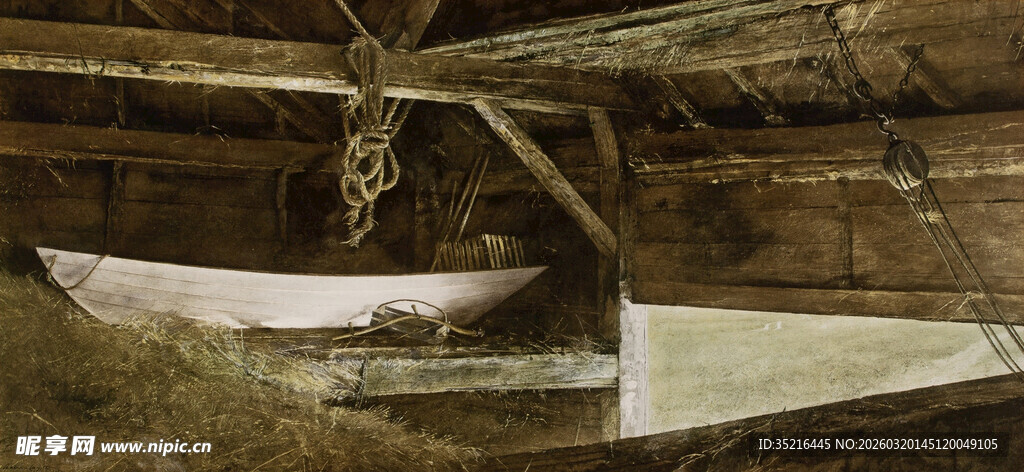 老旧木船内部细节特写
