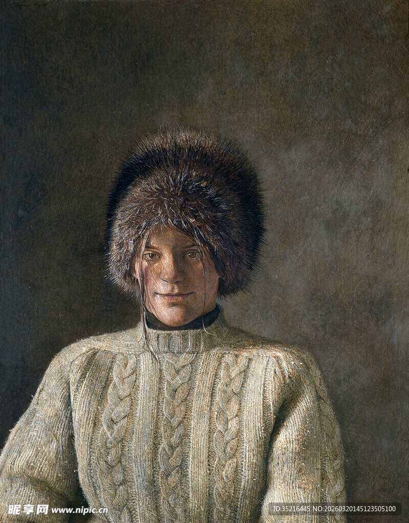 身着毛衣戴皮帽的人物肖像