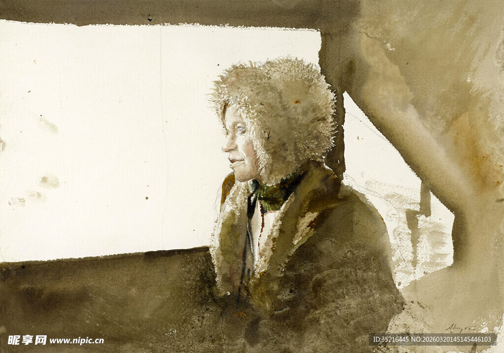 身着厚衣的人物在窗边