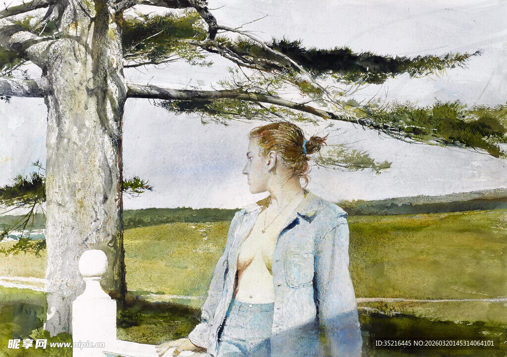 户外女子倚树的静谧时刻