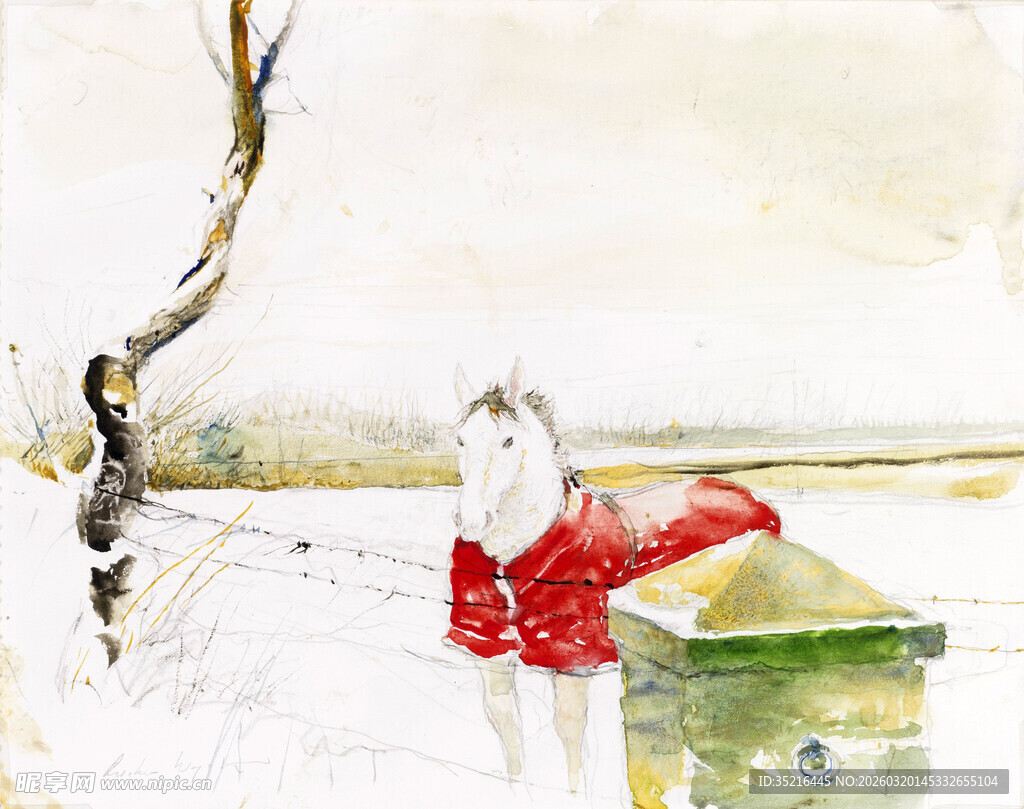 雪地中穿红衣的小狗