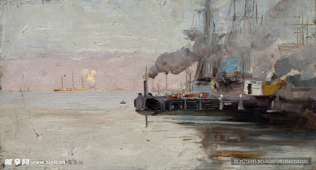 港口船只油画景象