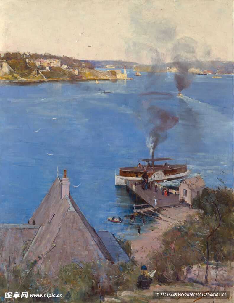 海边码头船只风景油画图