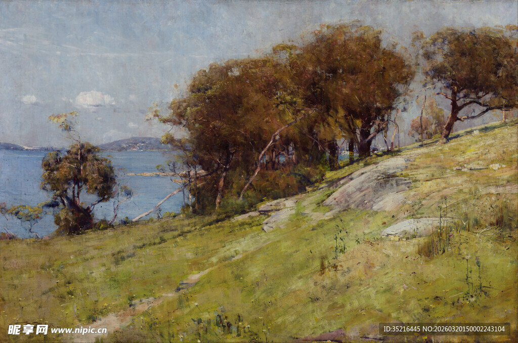 湖畔草地树木风景油画