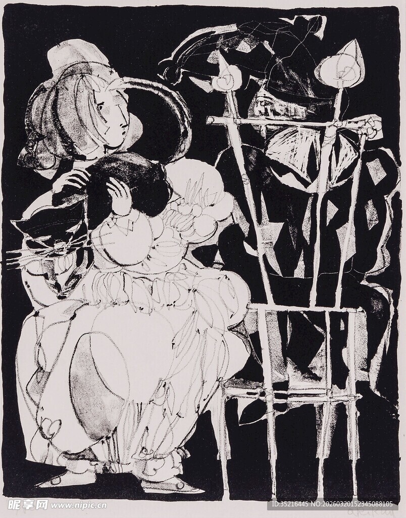 黑白插画中的奇幻人物场景