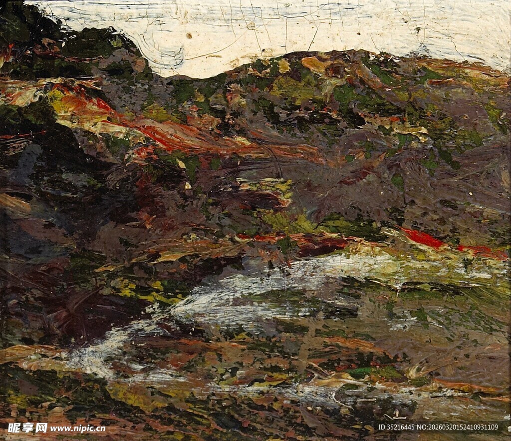 山间溪流风景油画