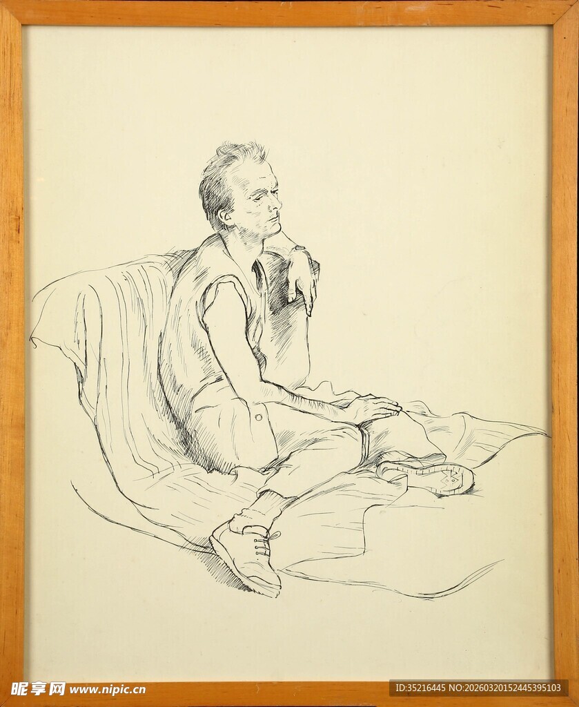 人物坐姿素描画