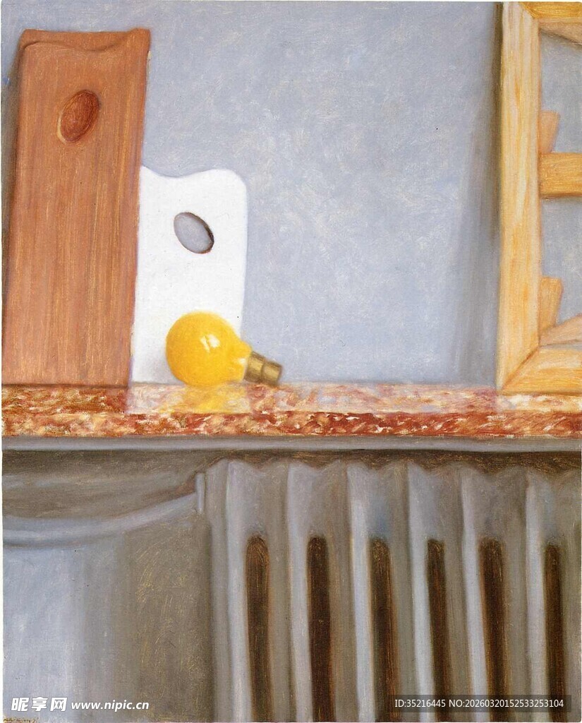 暖气片上的灯泡与木块