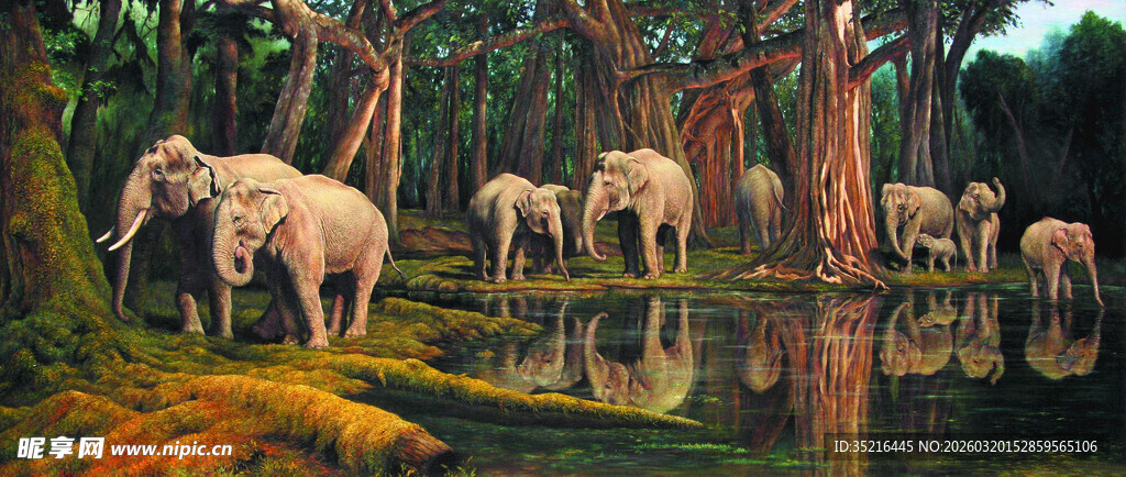河畔群象漫步的自然景象