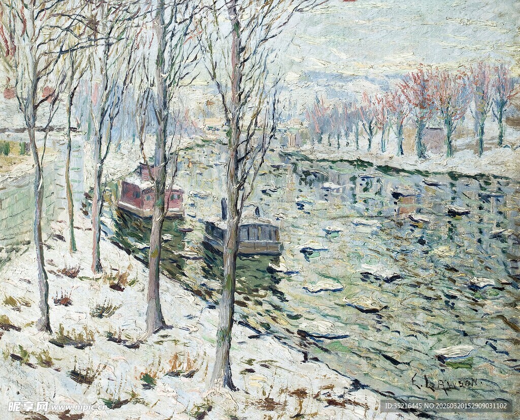 冬日河畔雪景图