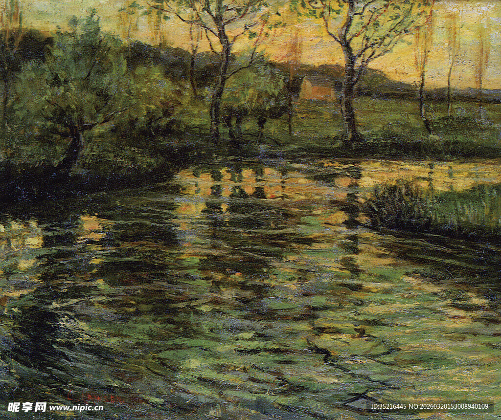 河畔黄昏景色油画