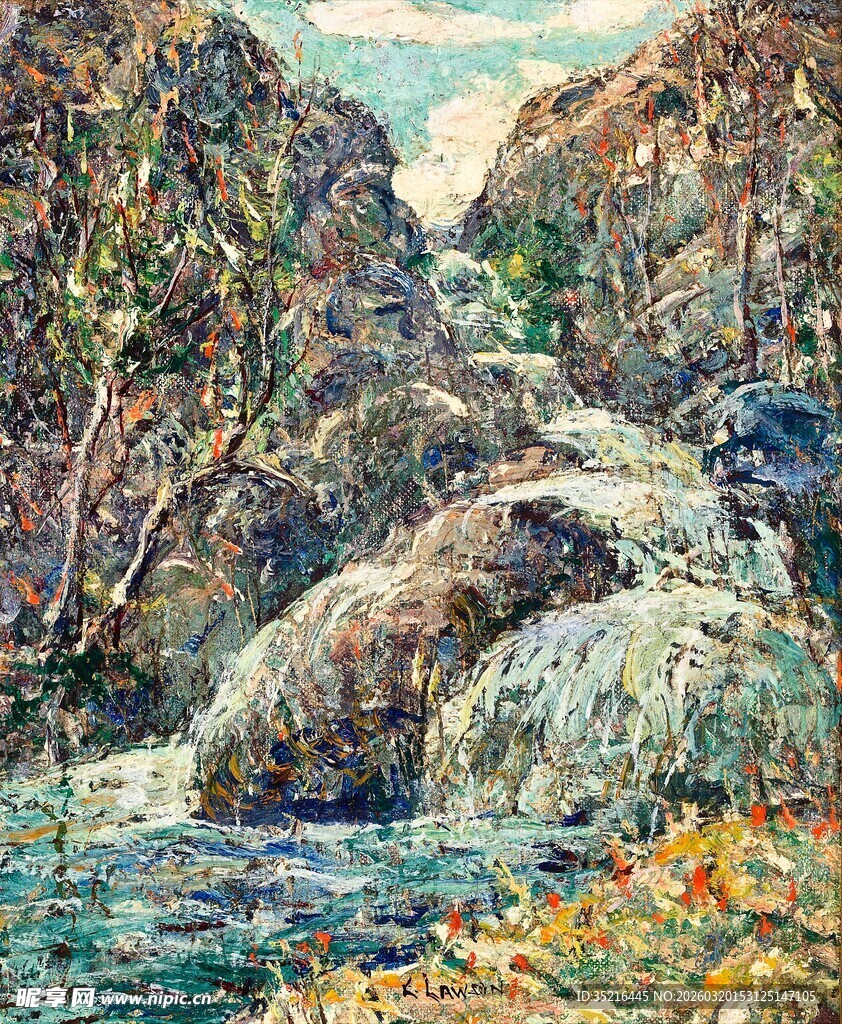 山间溪流风景油画