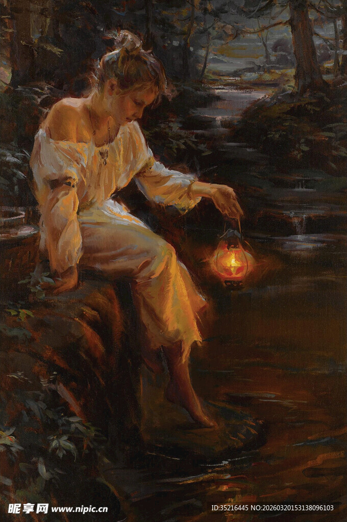 溪边持灯少女的静谧时刻