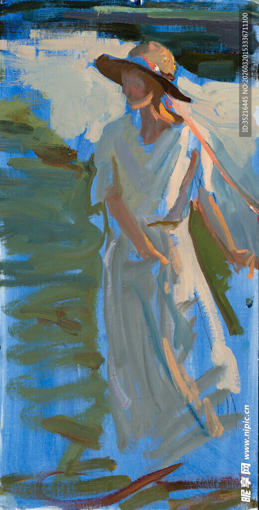 女子河畔撑杆漫步油画风