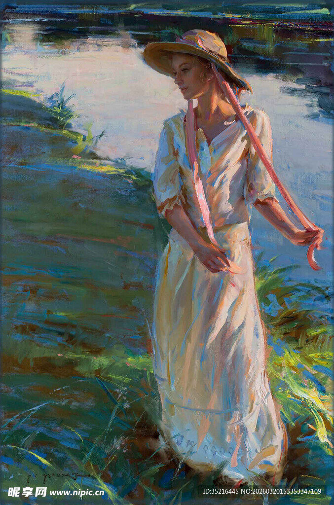 田园漫步的长裙女子