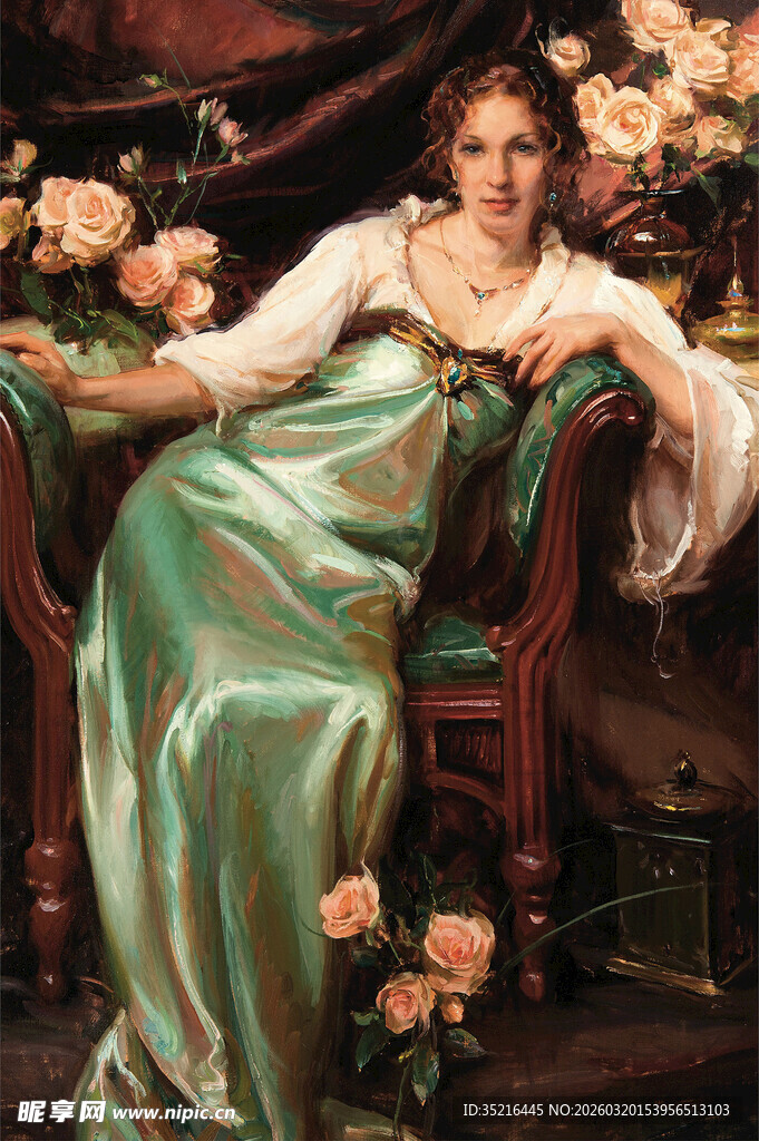 复古绿裙女子优雅倚靠