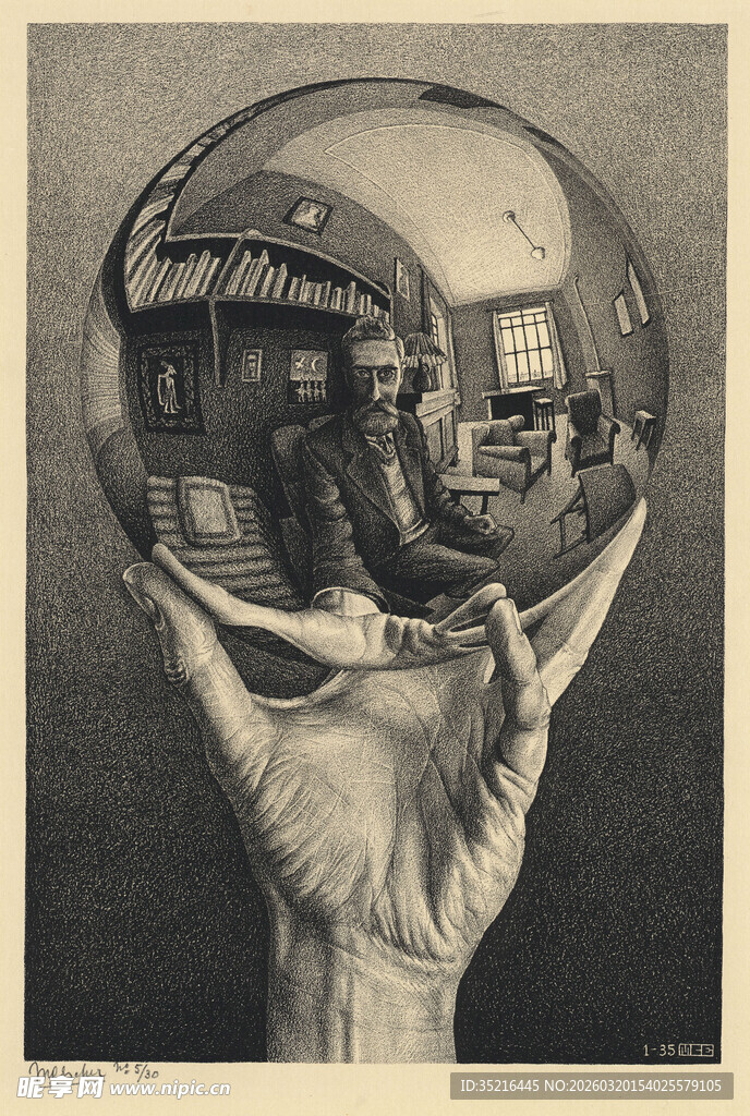 手托镜面球体反射景象