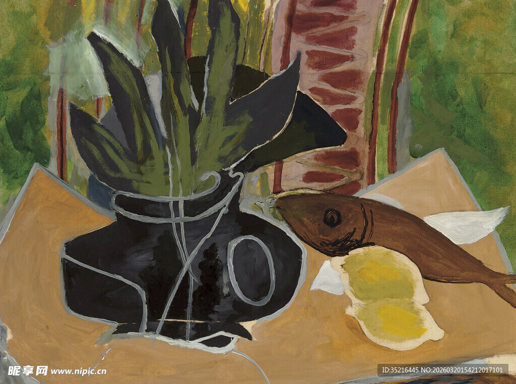 静物油画中的花瓶与水果