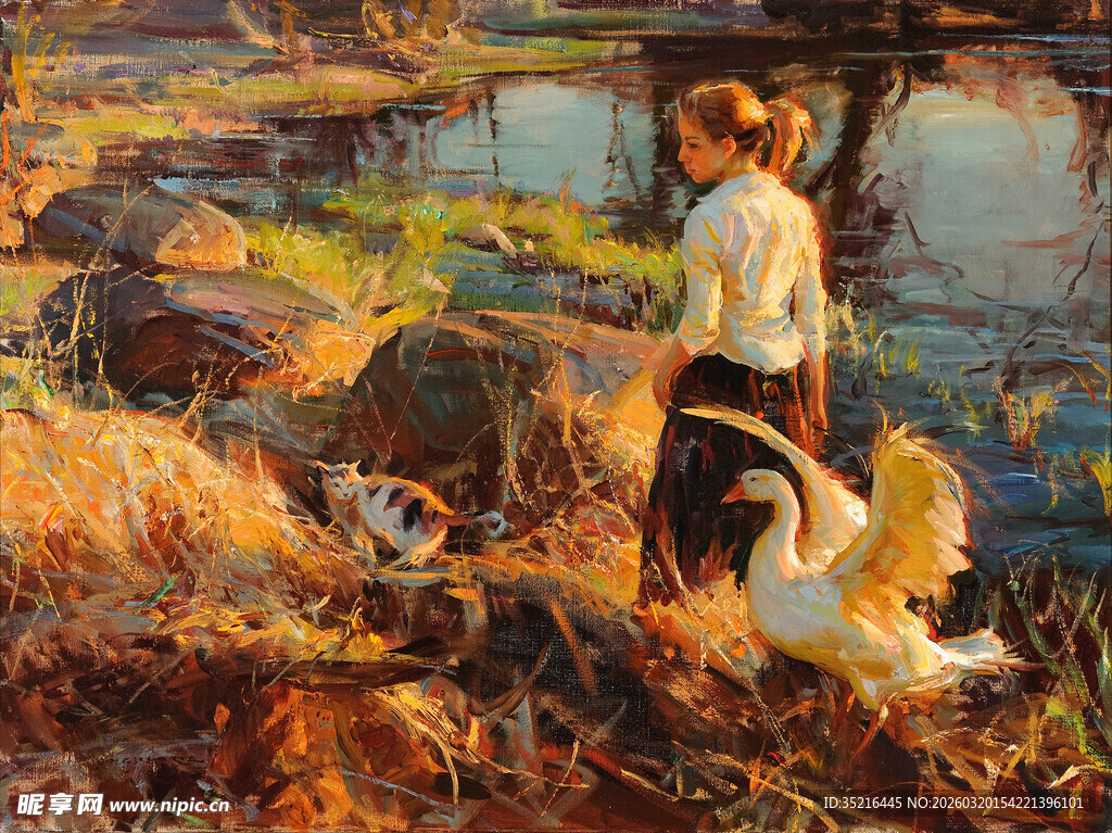 乡村女孩与溪边鹅群图景