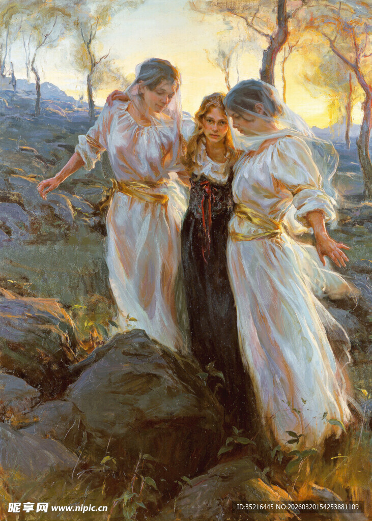 三位白衣女子于石间漫步